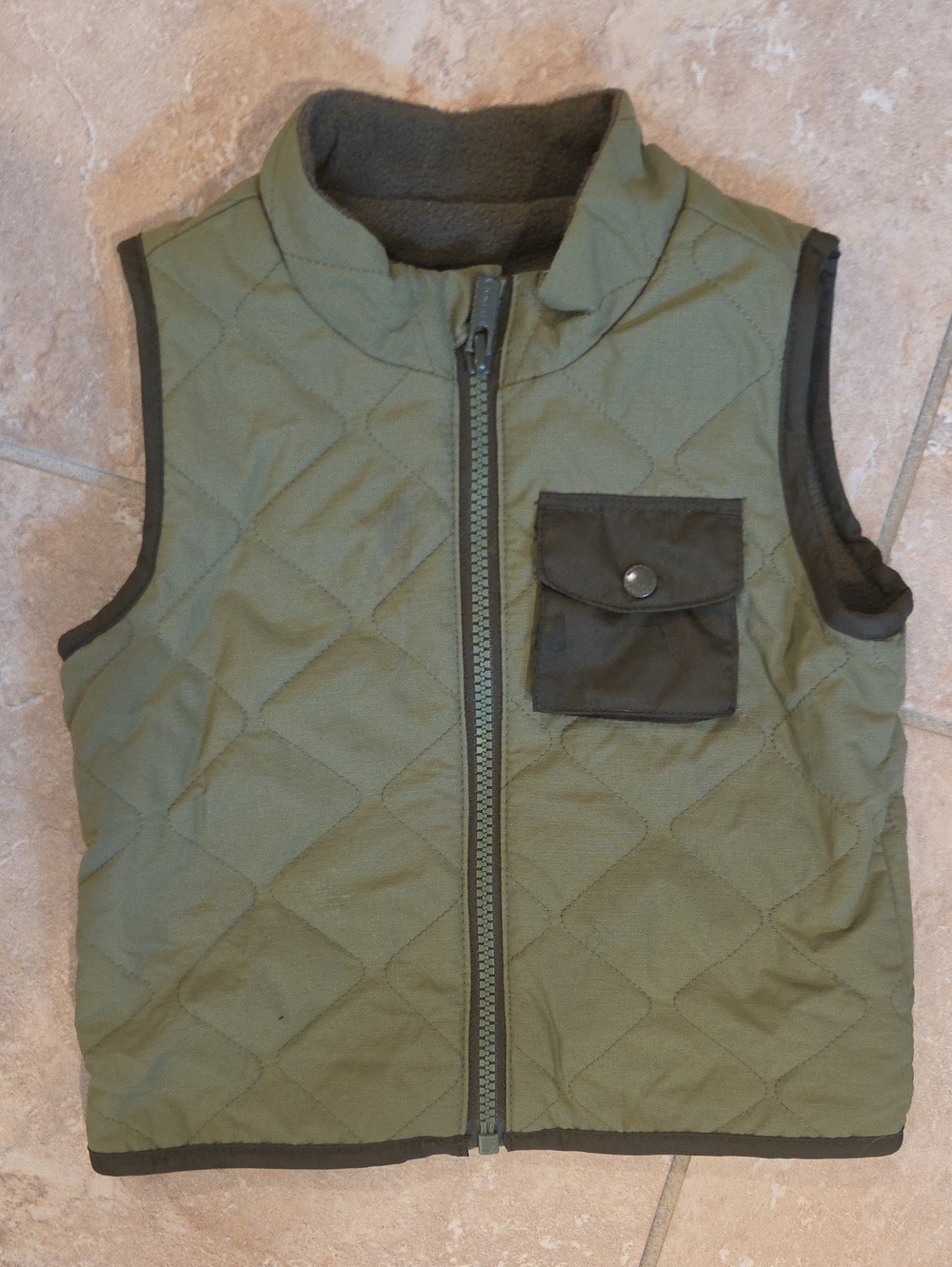 Old Navy Quilted Olive Green Vest with Dark Trim 18-24M